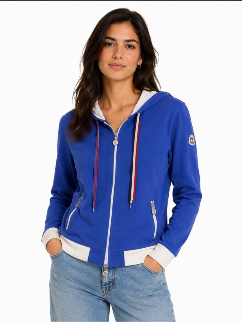 Moncler Women's Royal Blue Hooded Zip Jacket with White Trim